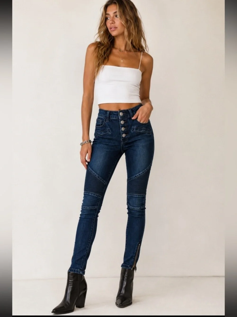 Free People Size 25 Dark Wash High Rise Moto Skinny Jeans Button Fly